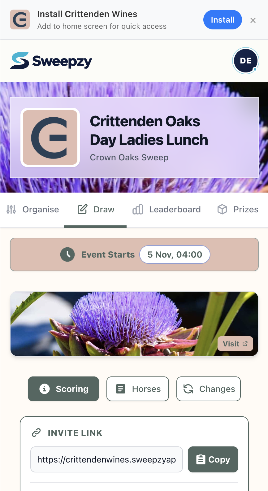 A branded Sweepzy Crown Oaks Day event with organiser controls and invitation links