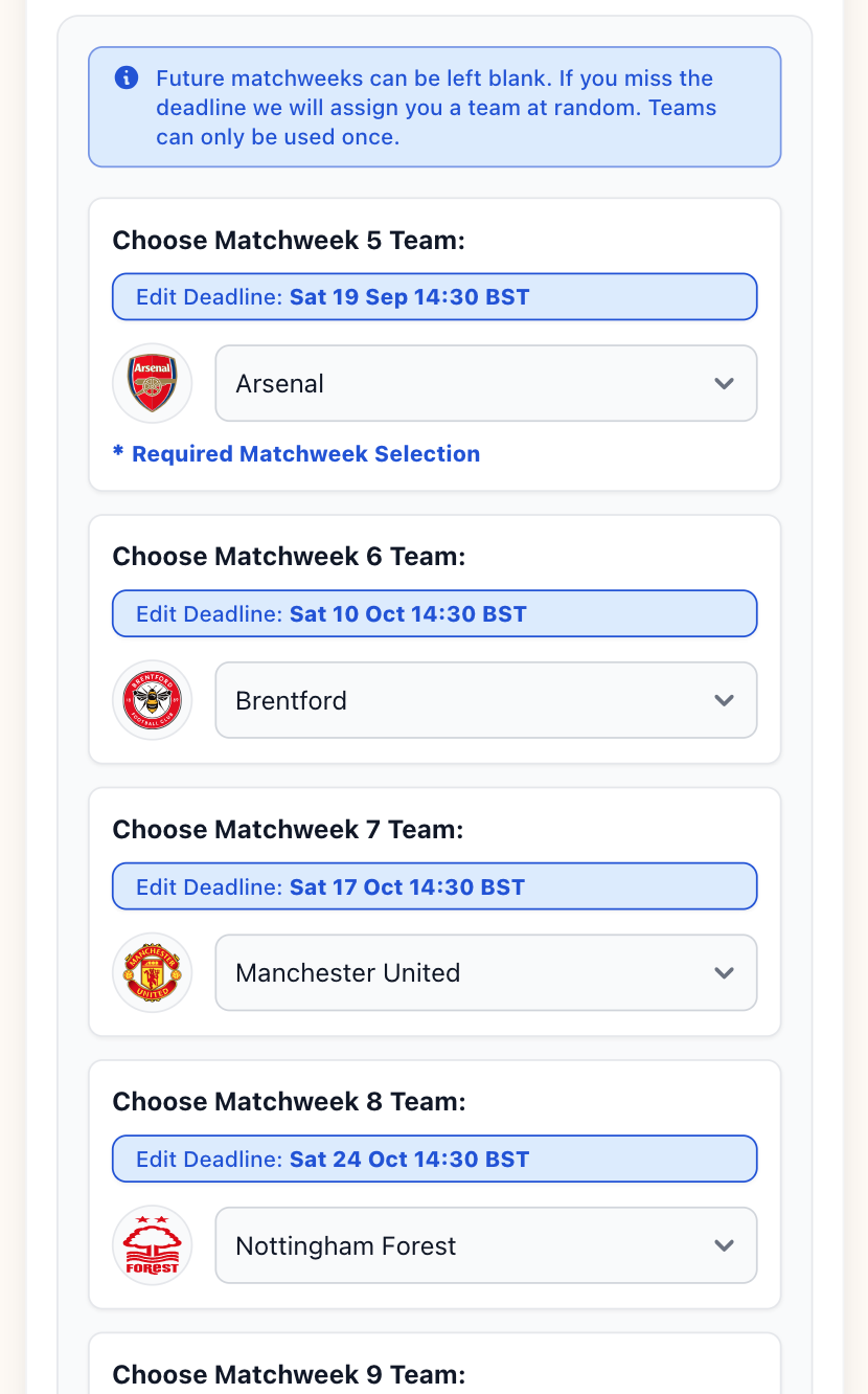 Premier League Last Man Standing weekly team selection screen