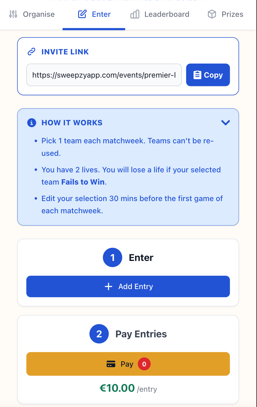 Premier League Last Man Standing competition entry page showing rules, fixtures and entry options