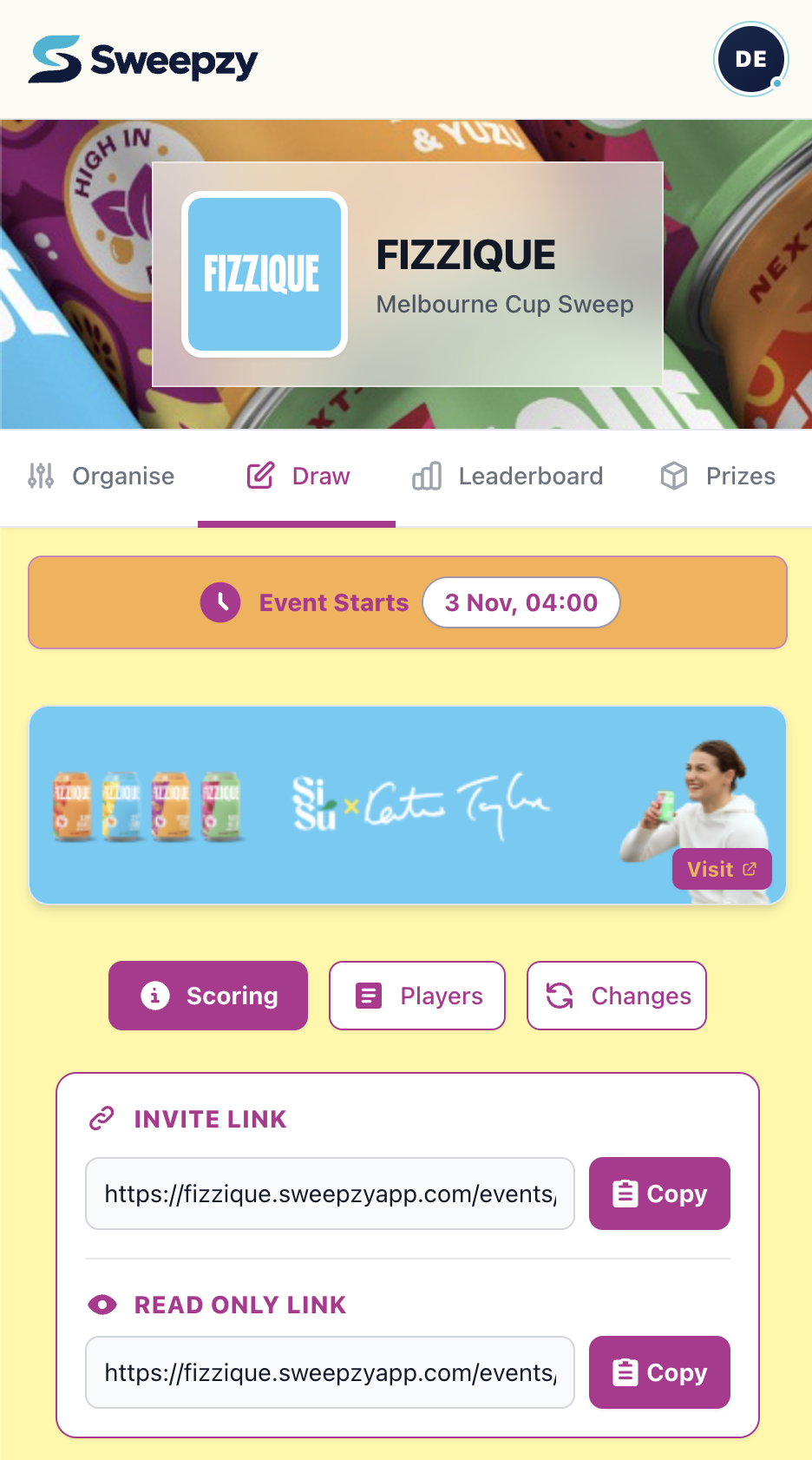 Branded Melbourne Cup sweep page with organiser tools and an invite link